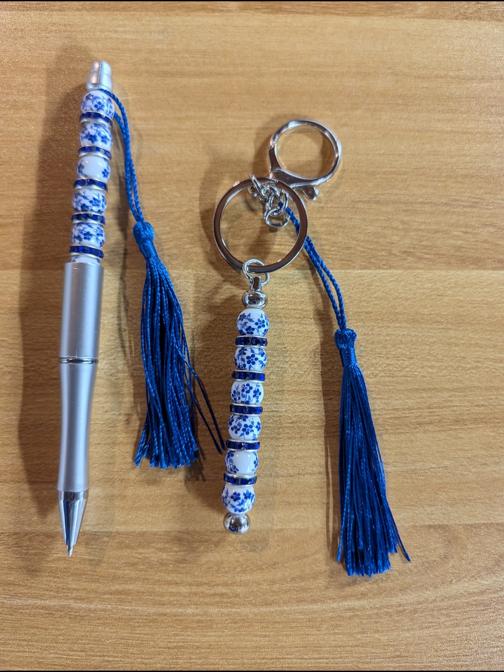Hand Crafted Blue and White Beaded Pen and Keychain Set